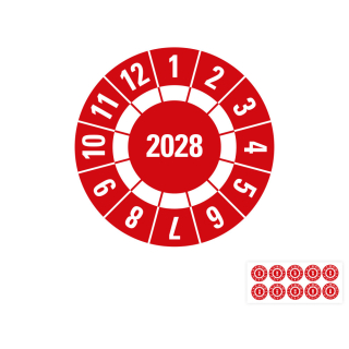 Produkt Hauptbild von Jahresprüfplakette 2028, Freifelder, rot, Folie selbstklebend, Ø 20 oder 30 mm