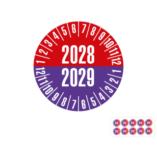 Produkt Hauptbild von Prüfplakette 2028/2029, rot-violett, Folie selbstklebend, Ø 20 oder 30 mm