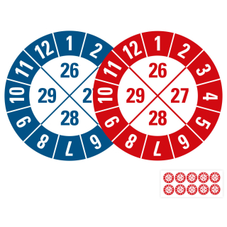 Produkt Hauptbild von Prüfplakette 26 - 29, rot oder blau, Standardfolie, Ø 20 oder 30 mm