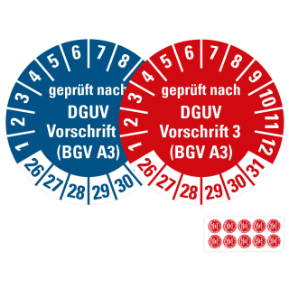 Produkt Hauptbild von Prüfplakette geprüft nach DGUV Vorschrift 3 (BGV A3), 26 - 31, rot oder blau, Folie selbstklebend, Ø 20 oder 30 mm