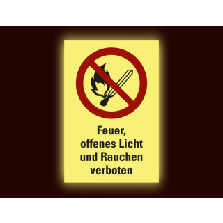 Permalight Power Verbots-Kombischild: Feuer, offenes Licht und Rauchen verboten, Kunststoff lang nachleuchtend, verschiedene Größen