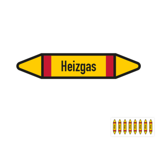 Produkt Hauptbild von Rohrleitungsetikett: Heizgas, gemäß DIN 2403, gelb-schwarz-rot, Standardfolie, versch.  Formate