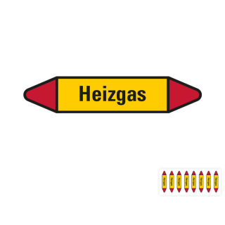 Produkt Hauptbild von Rohrleitungsetikett: Heizgas, gelb-schwarz-rot, Standardfolie, versch.  Formate