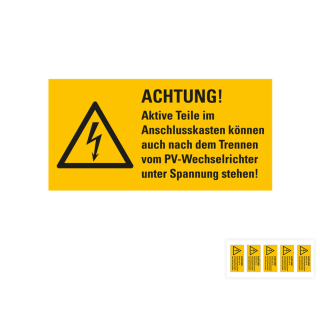Produkt Hauptbild von Kombi-Warnschild: ACHTUNG! Aktive Teile können auch nach dem Trennen vom PV-Wechselrichter unter Spannung stehen, Blitzpfeil, DIN VDE, RoHS konform, Folie selbstklebend, zwei Größen, versch. Lieferformen