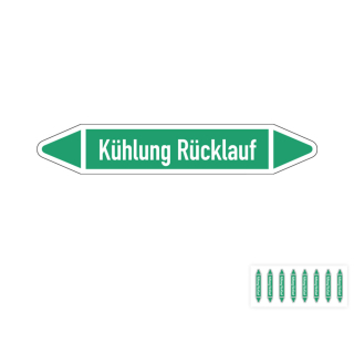 Produkt Hauptbild von Rohrleitungsetikett: Kühlung Rücklauf, gemäß DIN 2403, grün-weiß, Standardfolie, versch.  Formate