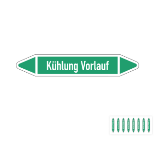 Produkt Hauptbild von Rohrleitungsetikett: Kühlung Vorlauf, gemäß DIN 2403, grün-weiß, Standardfolie, versch.  Formate