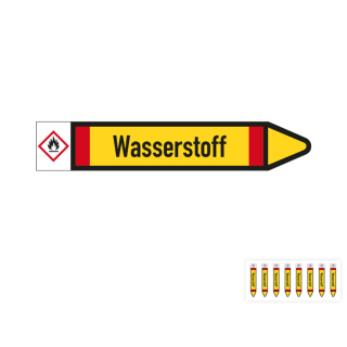 Produkt Hauptbild von Rohrleitungsetikett: Wasserstoff, Fließrichtung rechts oder links, DIN 2403, gelb/schwarz/rot, Standardfolie, versch.  Formate