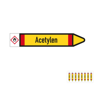 Produkt Hauptbild von Rohrleitungsetikett: Acetylen, Fließrichtung rechts oder links, DIN 2403, gelb/schwarz/rot, Standardfolie, versch.  Formate