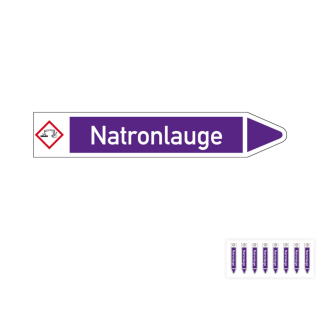 Produkt Hauptbild von Rohrleitungsetikett: Natronlauge, Fließrichtung rechts oder links, DIN 2403, violett/weiß, Standardfolie, versch.  Formate