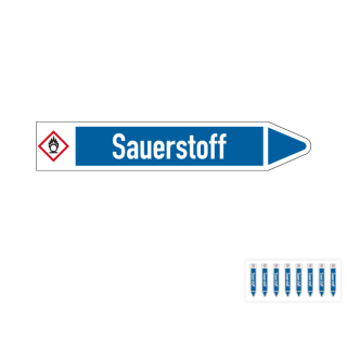 Produkt Hauptbild von Rohrleitungsetikett: Sauerstoff, Fließrichtung rechts oder links, DIN 2403, blau/weiß, Standardfolie, versch.  Formate