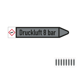Produkt Hauptbild von Rohrleitungsetikett: Druckluft 8 bar, Fließrichtung rechts oder links, DIN 2403, grau/schwarz, Standardfolie, versch.  Formate