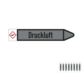 Produkt Hauptbild von Rohrleitungsetikett: Druckluft, Fließrichtung rechts oder links, DIN 2403, grau/schwarz, Standardfolie, versch.  Formate
