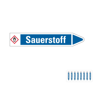 Produkt Hauptbild von Rohrleitungsetikett: Sauerstoff, Fließrichtung rechts, blau/weiß, Standardfolie, versch.  Formate