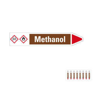 Produkt Hauptbild von Rohrleitungsetikett: Methanol, Fließrichtung rechts, braun/weiß/rot, Standardfolie, versch.  Formate