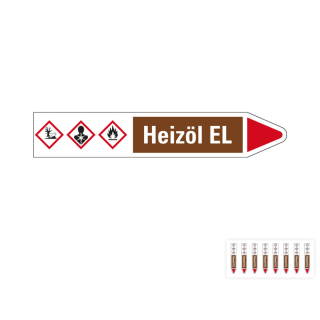 Produkt Hauptbild von Rohrleitungsetikett: Heizöl EL, Fließrichtung rechts oder links, braun/weiß/rot, Standardfolie, versch.  Formate
