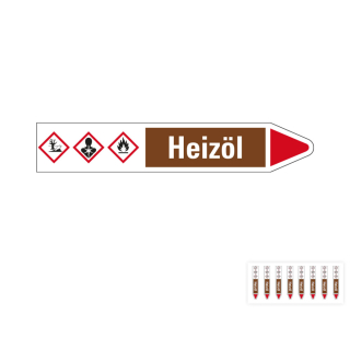 Produkt Hauptbild von Rohrleitungsetikett: Heizöl, Fließrichtung rechts oder links, braun/weiß/rot, Standardfolie, versch.  Formate