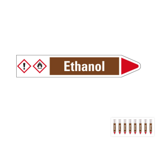 Produkt Hauptbild von Rohrleitungsetikett: Ethanol, Fließrichtung rechts oder links, braun/weiß/rot, Standardfolie, versch.  Formate