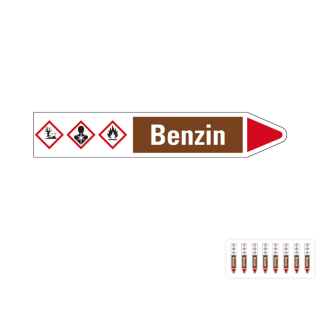 Produkt Hauptbild von Rohrleitungsetikett: Benzin, Fließrichtung rechts oder links, braun/weiß/rot, Standardfolie, versch.  Formate