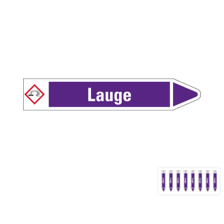 Produkt Hauptbild von Rohrleitungsetikett: Lauge, Fließrichtung rechts oder links, violett/weiß, Standardfolie, versch.  Formate