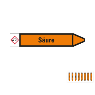 Produkt Hauptbild von Rohrleitungsetikett: Säure, Fließrichtung rechts oder links, orange/schwarz, Standardfolie, versch.  Formate