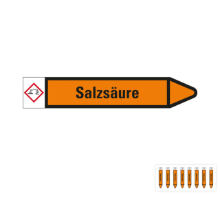 Produkt Hauptbild von Rohrleitungsetikett: Salzsäure, Fließrichtung rechts oder links, orange/schwarz, Standardfolie, versch.  Formate