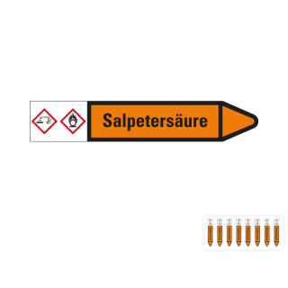 Produkt Hauptbild von Rohrleitungsetikett: Salpetersäure, Fließrichtung rechts oder links, orange/schwarz, Standardfolie, versch.  Formate
