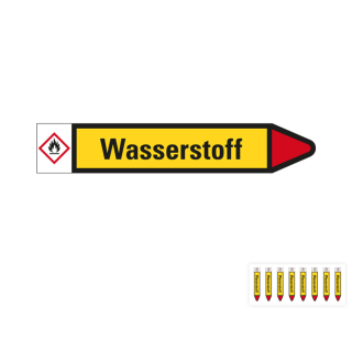 Produkt Hauptbild von Rohrleitungsetikett: Wasserstoff, Fließrichtung rechts oder links, gelb/schwarz/rot, Standardfolie, versch.  Formate