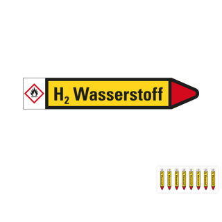 Produkt Hauptbild von Rohrleitungsetikett: H2 Wasserstoff, Fließrichtung rechts oder links, gelb/schwarz/rot, Standardfolie, versch.  Formate