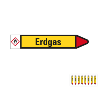 Produkt Hauptbild von Rohrleitungsetikett: Erdgas, Fließrichtung rechts oder links, gelb/schwarz/rot, Standardfolie, versch.  Formate