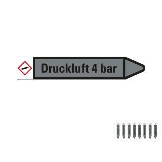Produkt Hauptbild von Rohrleitungsetikett: Druckluft 4 bar, Fließrichtung rechts oder links, grau/schwarz, Standardfolie, versch.  Formate
