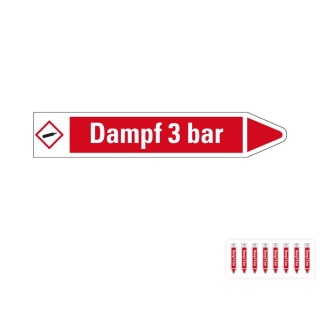 Produkt Hauptbild von Rohrleitungsetikett: Dampf 3 bar, Fließrichtung rechts oder links, rot/weiß, Standardfolie, versch.  Formate