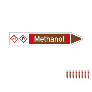 Produkt Hauptbild von Rohrleitungsetikett: Methanol, Fließrichtung rechts oder links, DIN 2403, braun/weiß/rot, Standardfolie, versch.  Formate