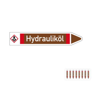 Produkt Hauptbild von Rohrleitungsetikett: Hydrauliköl, Fließrichtung rechts oder links, DIN 2403, braun/weiß/rot, Standardfolie, versch.  Formate