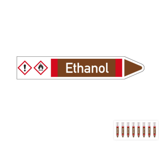 Produkt Hauptbild von Rohrleitungsetikett: Ethanol, Fließrichtung rechts oder links, DIN 2403, braun/weiß/rot, Standardfolie, versch.  Formate