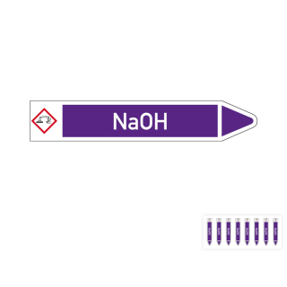 Produkt Hauptbild von Rohrleitungsetikett: NaOH, Fließrichtung rechts oder links, DIN 2403, violett/weiß, Standardfolie, versch.  Formate