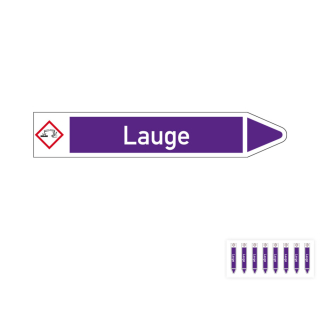 Produkt Hauptbild von Rohrleitungsetikett: Lauge, Fließrichtung rechts oder links, DIN 2403, violett/weiß, Standardfolie, versch.  Formate