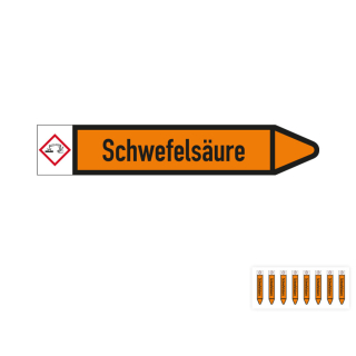 Produkt Hauptbild von Rohrleitungsetikett: Schwefelsäure, Fließrichtung rechts oder links, DIN 2403, orange/schwarz, Standardfolie, versch.  Formate