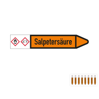 Produkt Hauptbild von Rohrleitungsetikett: Salpetersäure, Fließrichtung rechts oder links, DIN 2403, orange/schwarz, Standardfolie, versch.  Formate