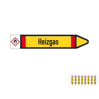 Produkt Hauptbild von Rohrleitungsetikett: Heizgas, Fließrichtung rechts oder links, DIN 2403, gelb/schwarz/rot, Standardfolie, versch.  Formate