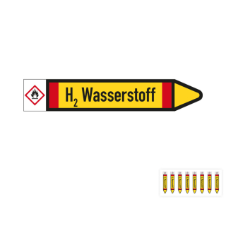 Produkt Hauptbild von Rohrleitungsetikett: H2 Wasserstoff, Fließrichtung rechts oder links, DIN 2403, gelb/schwarz/rot, Standardfolie, versch.  Formate