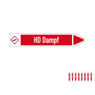 Produkt Hauptbild von Rohrleitungsetikett: HD Dampf, Fließrichtung rechts oder links, DIN 2403, rot/weiß, Standardfolie, versch.  Formate
