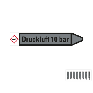 Produkt Hauptbild von Rohrleitungsetikett: Druckluft 10 bar, Fließrichtung rechts/links, grau/schwarz, Standardfolie, versch.  Formate