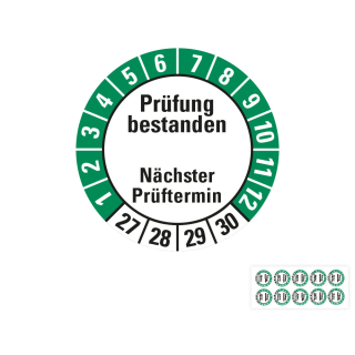 Prüfplakette Prüfung bestanden Nächster Prüftermin, 27 - 30, weiß-grün, Standardfolie, 10 St./Bogen