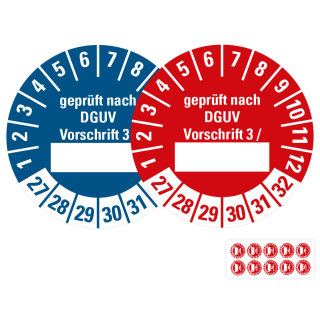 Prüfplakette geprüft nach DGUV Vorschrift 3 /..., Beschriftungsfeld, 27 - 32, Standardfolie, Ø 30 mm, 10 St./Bogen