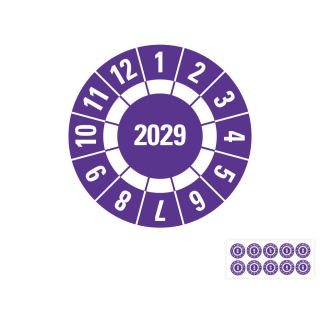 Jahresprüfplakette 2029, Freifelder, violett, Standardfolie, 10 St./Bogen
