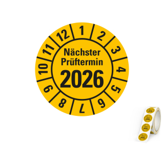 Jahresprüfplakette Nächster Prüftermin, 2026, gelb, Standardfolie, 500 St./Rolle