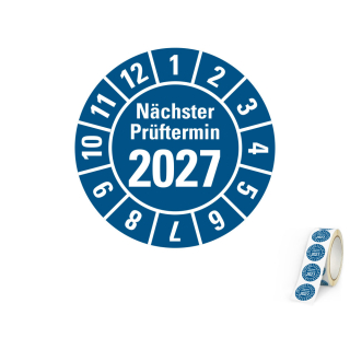 Jahresprüfplakette Nächster Prüftermin, 2027, blau, Standardfolie, 500 St./Rolle
