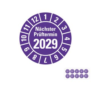 Jahresprüfplakette Nächster Prüftermin, 2029, violett, Standardfolie, 10 St./Bogen