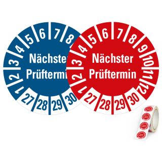 Prüfplakette Nächster Prüftermin, 27 - 30, Standardfolie, Ø 10 mm, 500 St./Rolle