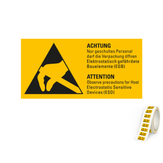 Produkt Hauptbild von ESD-Warnschild: Achtung Nur geschultes Personal darf die Verpackung öffnen Elektrostatisch gefährdete Bauelemente (EGB), 2-sprachig, Folie selbstklebend, versch. Größen
